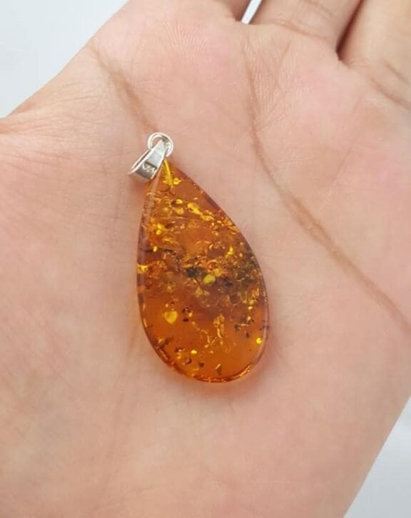 Natural Amber Pendant , Drop Smooth Pendant 925 Silver Loop. Fossil Pendant .(P-14)