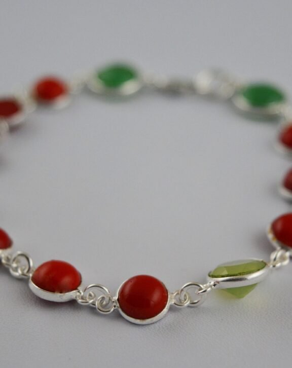 AAA++ Quality Smooth Round Coral & Faceted Chalcedony Round Beads Bracelet With 925 Sterling Silver | Mix Beads Bracelet | GG#55