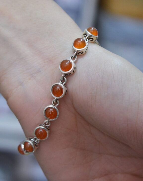 AAA++ Excellent Quality Natural Orange Carnelian Smooth Round Cabochon Bracelet With 925 Sterling Silver | Rare Gemstone Bracelet | GG#17