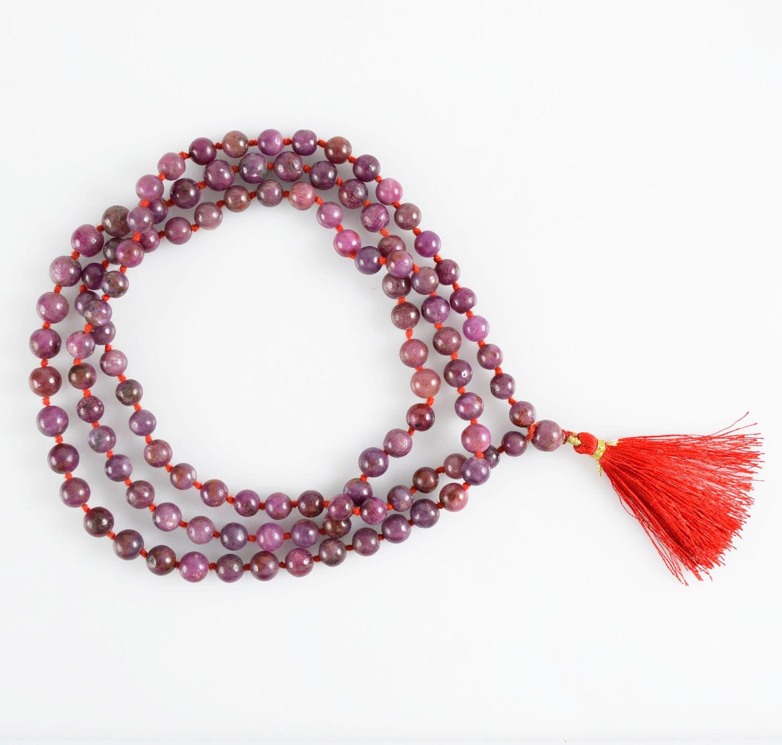 Hand Knotted Ruby Mala Necklace – 108 Bead Prayer Beads