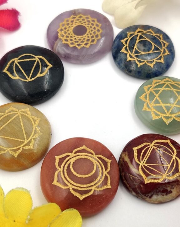 Chakra Stone Set Engraved Palm Stones for Reiki Healing Meditation – 7 Chakra Crystal Kit for Energy Balancing