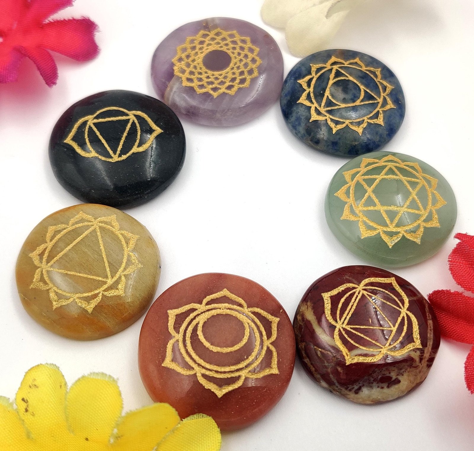 Chakra Stone Set Engraved Palm Stones for Reiki Healing Meditation – 7 Chakra Crystal Kit for Energy Balancing
