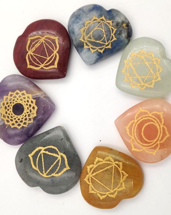 7 Chakra Stone Set Engraved Reiki Healing Crystals | Heart Shape Chakra Stones Kit | Meditation Yoga Energy Healing Gift