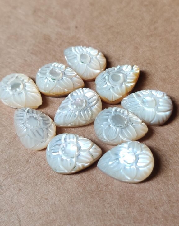 Hand Carved Mother of Pearl Cabochons | Floral Gemstone Lot (10x14mm)
