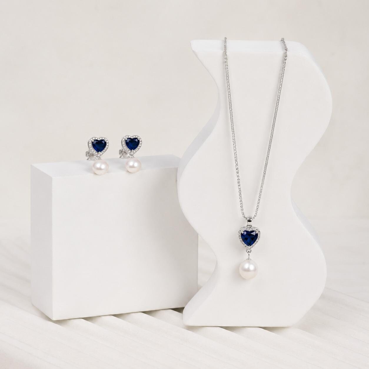Sterling Silver Blue Sapphire Heart Pearl Jewelry Set, Necklace and Earrings, Bridal Gift - Image 4