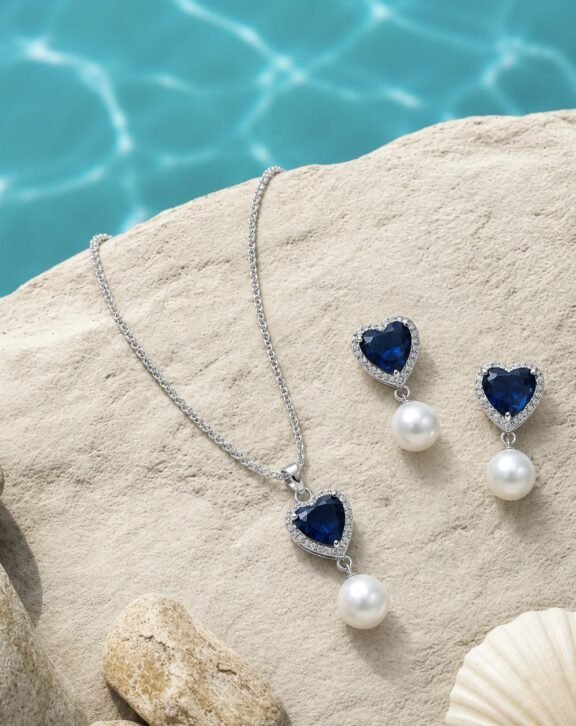 Sterling Silver Blue Sapphire Heart Pearl Jewelry Set, Necklace and Earrings, Bridal Gift