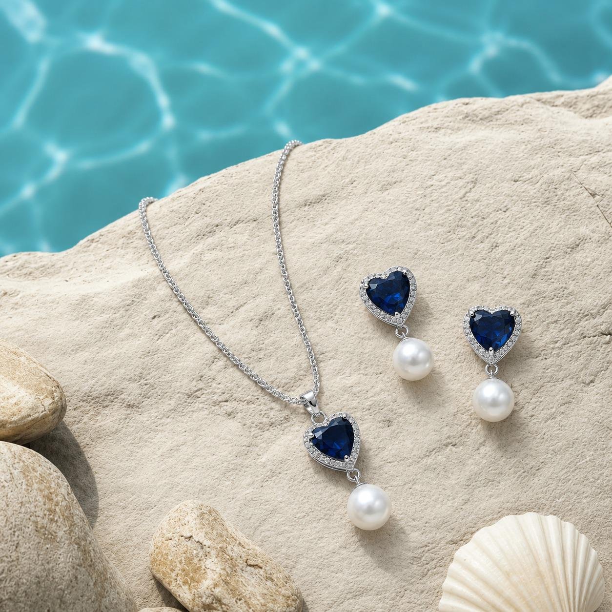 Sterling Silver Blue Sapphire Heart Pearl Jewelry Set, Necklace and Earrings, Bridal Gift