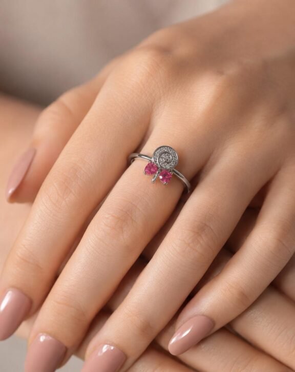Pink Crystal Bow Ring, Silver Tone Adjustable Statement Jewelry