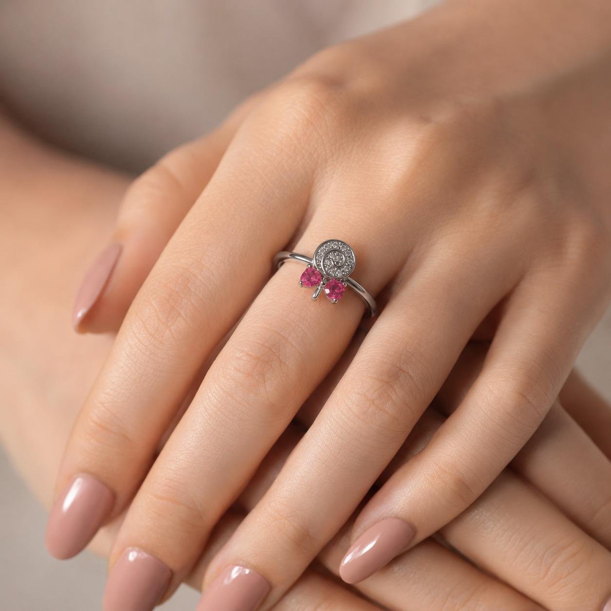Pink Crystal Bow Ring, Silver Tone Adjustable Statement Jewelry
