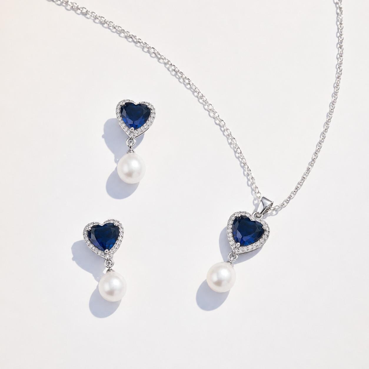 Sterling Silver Blue Sapphire Heart Pearl Jewelry Set, Necklace and Earrings, Bridal Gift - Image 5