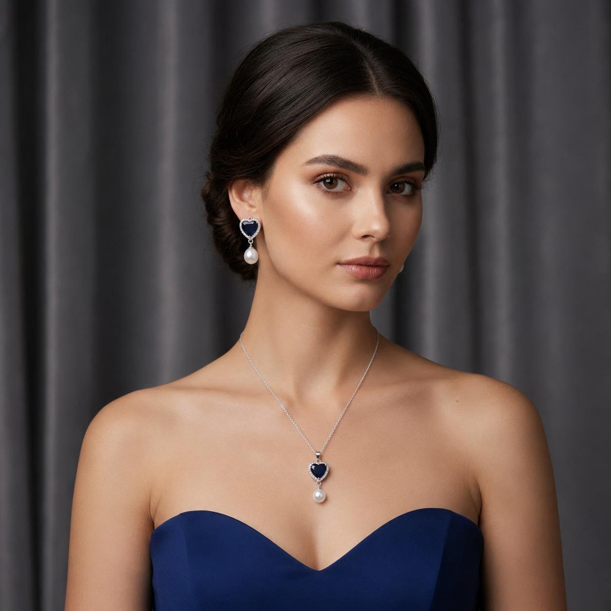 Sterling Silver Blue Sapphire Heart Pearl Jewelry Set, Necklace and Earrings, Bridal Gift - Image 2