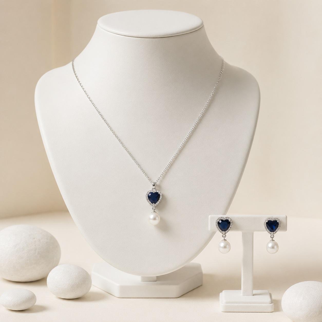 Sterling Silver Blue Sapphire Heart Pearl Jewelry Set, Necklace and Earrings, Bridal Gift - Image 3