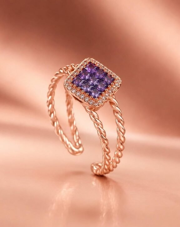 Rose Gold Amethyst Ring | Twisted Double Band Statement Ring for Women